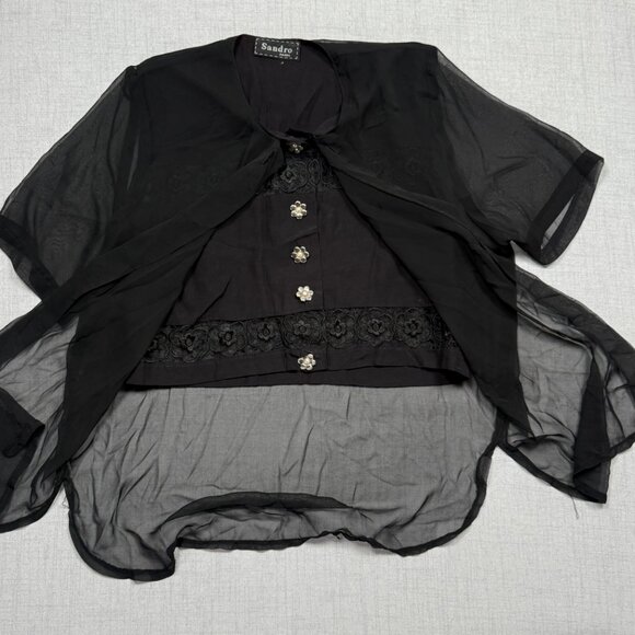 Vintage Sandro Paris Sheer Floral Embroidered Top Black Short Sleeves - Picture 2 of 14